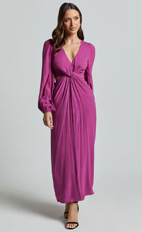 Harriet Midi Dress - Blouson Sleeve Cut Out Dress in Mulberry
