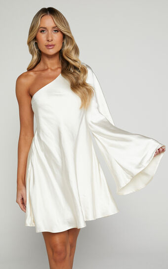 Karla Mini Dress - One Shoulder Long Sleeve Dress in Pearl Showpo