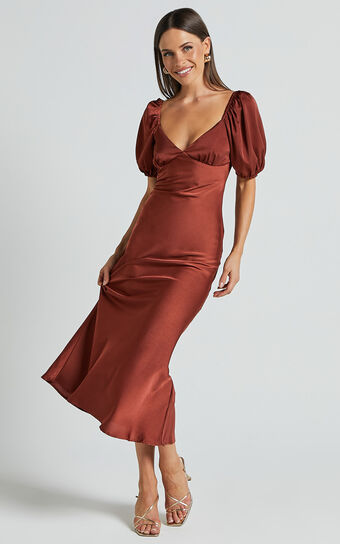 Catiana Midi Dress - V Neck Short Puff Sleeve Slip Dress in Chocolate