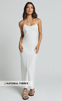 Cristy Midi Dress - Linen Look Slip Dress in Off White