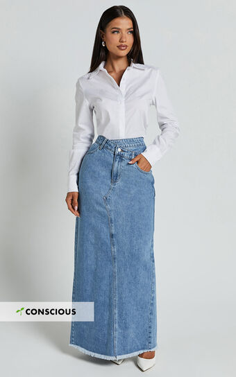 Evelyn Maxi Skirt High Asymmetrical Waist Frayed Hem Denim in Mid Blue