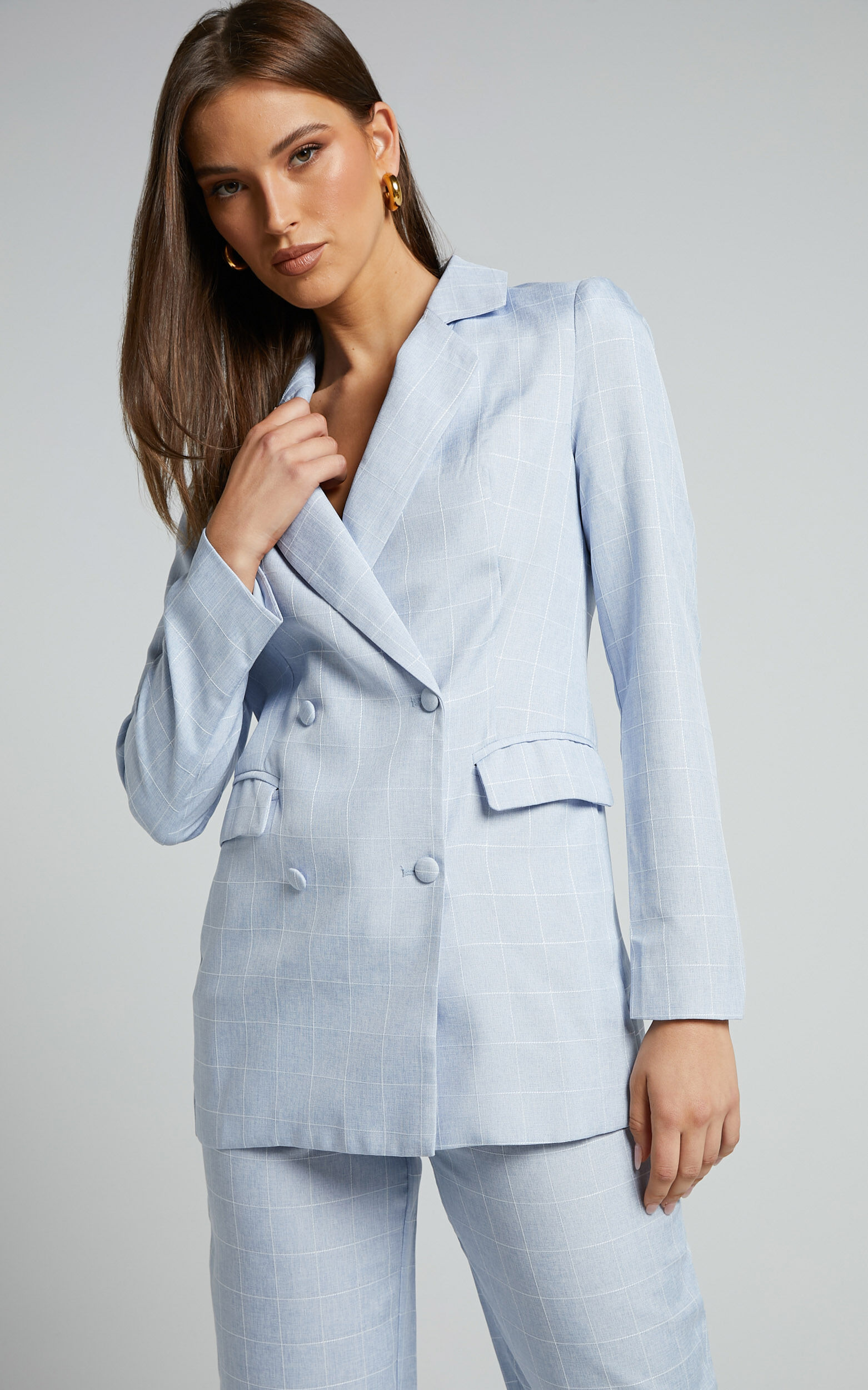 Double breasted light blue blazer hot sale