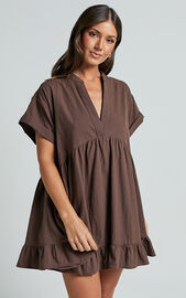 Calissa Mini Dress - Frill Hem Smock Dress in Chocolate | Showpo USA