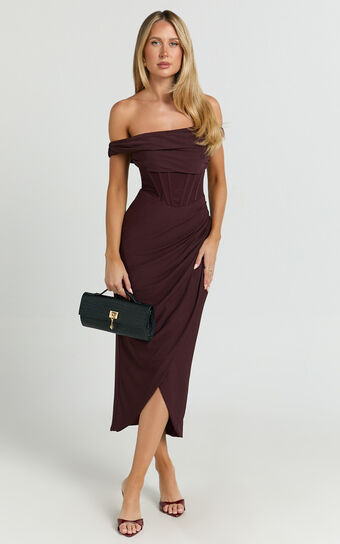 Aidia Midi Dress - Off Shoulder Draped Corset Dress in burgundy