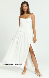 Morris Midi Dress - Linen Scoop Neck Gathered Dress in Off White | Showpo
