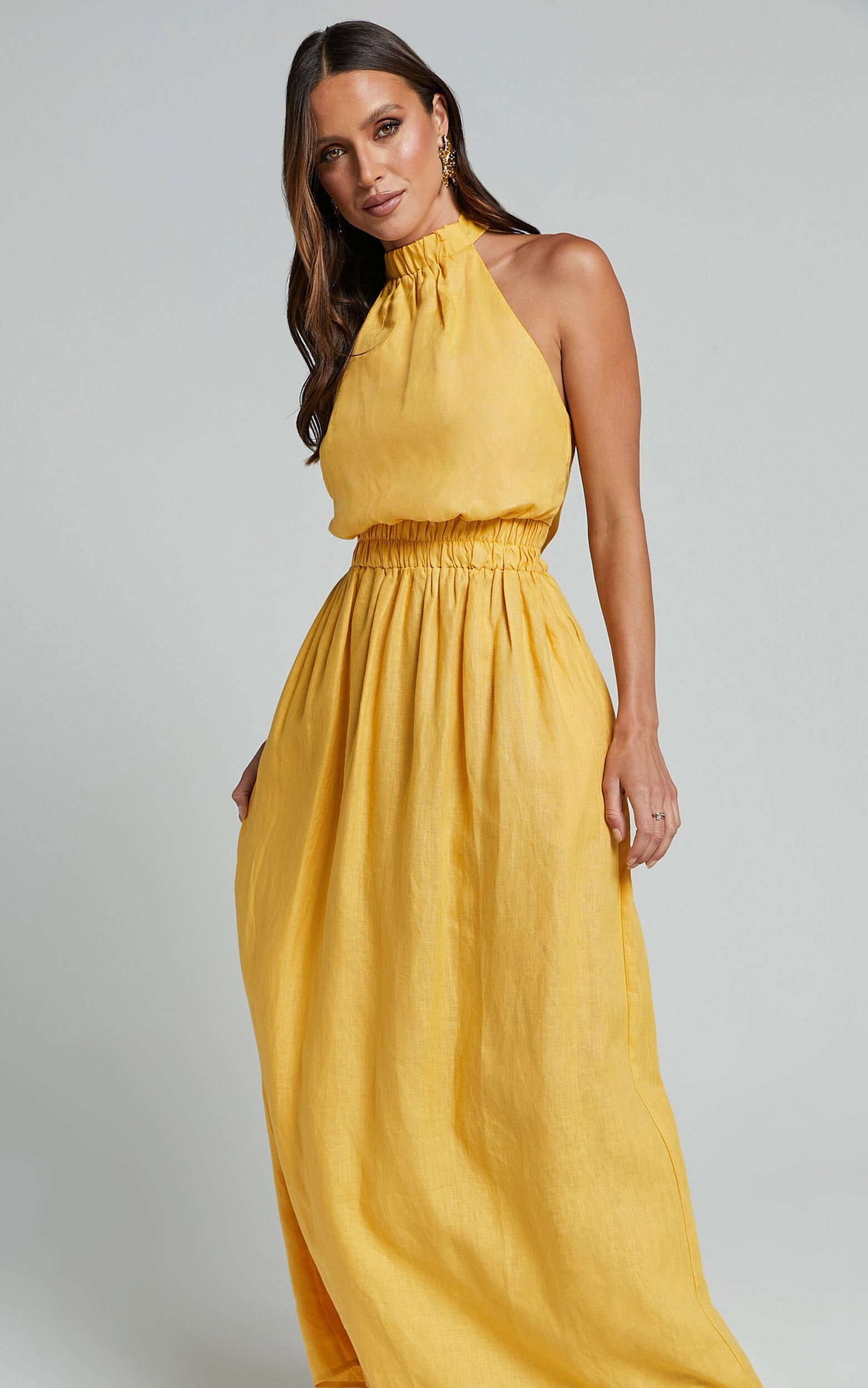 Amalie The Label - Shepard Linen Blend Halter Neck Maxi Dress in Yellow ...