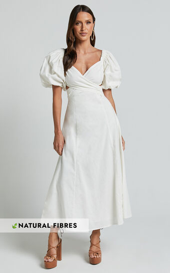 Amalie The Label - Janae Linen Blend Puff Sleeve Cut Out Midi Dress in White