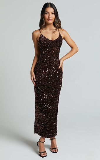 Jacqueline Midi Dress - Strappy Sequin Slip Dress in Chocolate