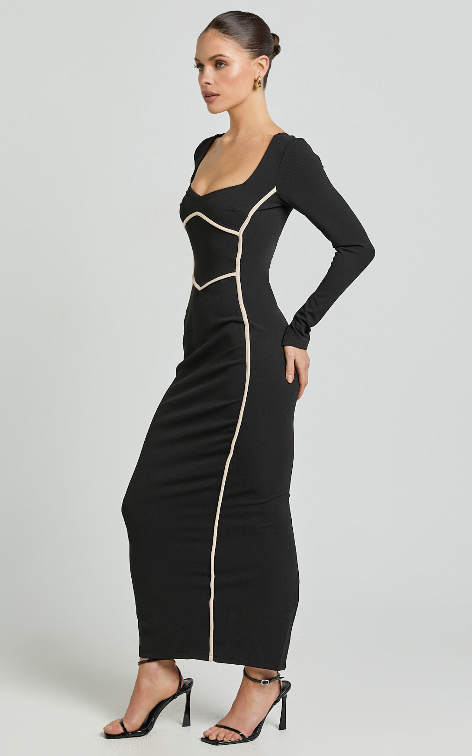 Zareena Midi Dress Straight Neck Long Sleeve Slip Dress in Black Showpo