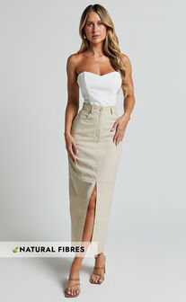 Vanna Midi Skirt - High Waisted Front Slit Skirt in Stone