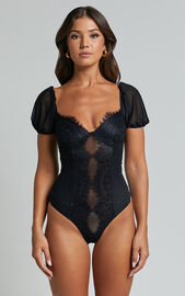Lara Bodysuit - Lace Detail Sweetheart Short Sleeve Bodysuit in Black ...