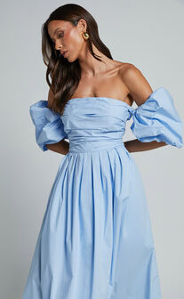 Annie Midi Dress - Off The Shoulder Ruffle Sleeve Pleated Dress in Pale Blue