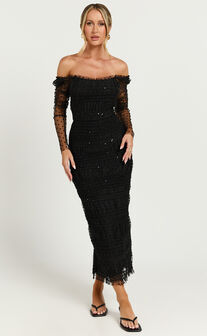 Evelyn Midi Dress - Long Sleeve Shirred Tulle Dress in Black Polka