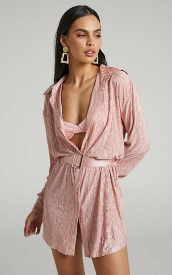 Rosamund Mini Dress - Belted Button Up Crinkle Shirt Dress in Dusty Pink