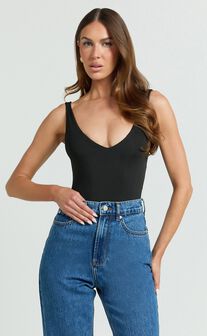 Jamie Bodysuit - V Neck Bodysuit in Black