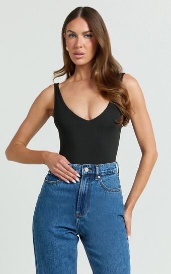 Jamie Bodysuit - V Neck Bodysuit in Black