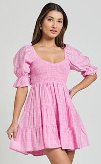 Britany Mini Dress - Shirred Puff Sleeve Tiered Dress in Pink