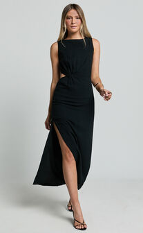 Brodie Midi Dress - Side Cut Out Linen Blend Dress in Black