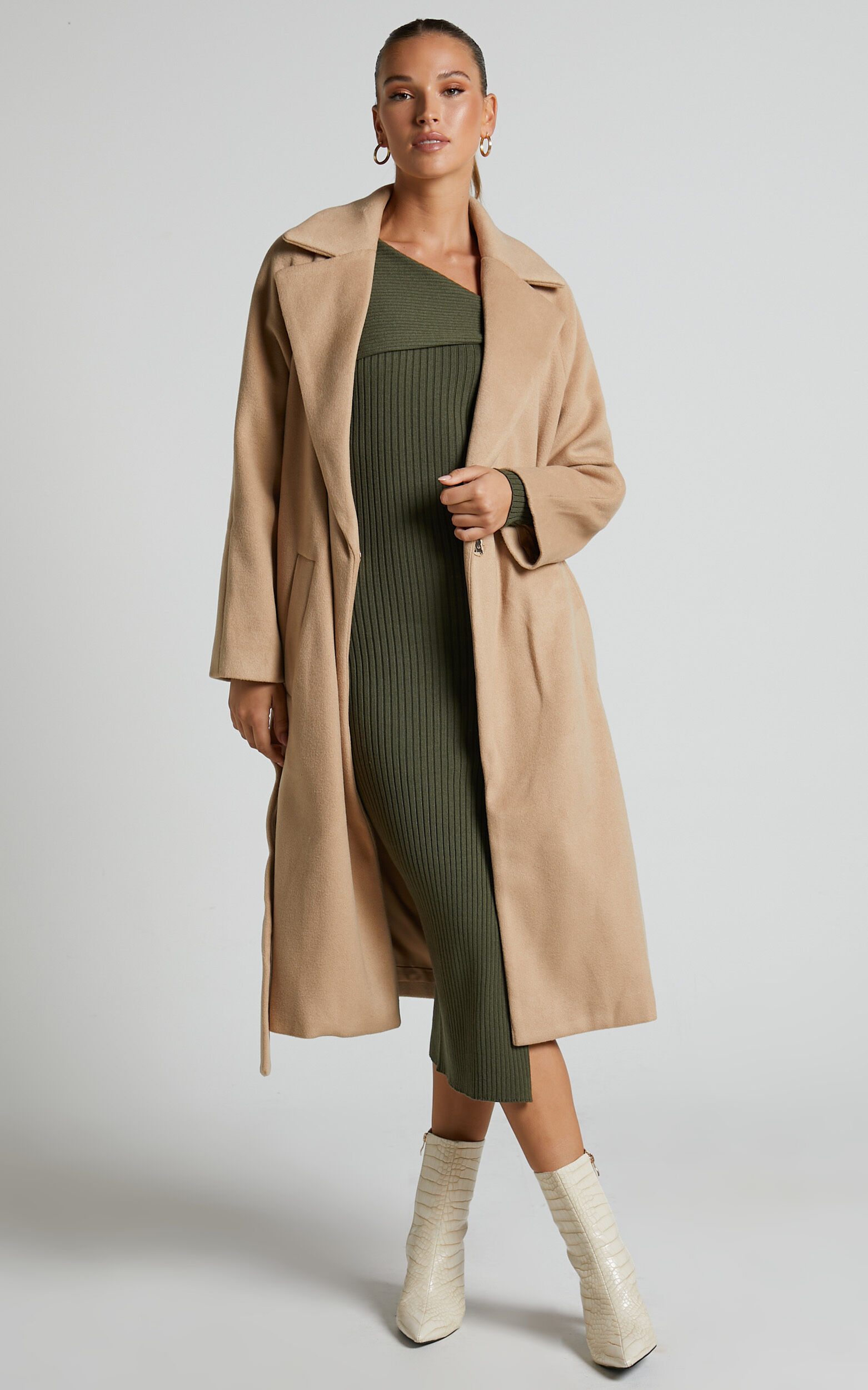 Mariles Coat Belted Wrap Coat in Camel Showpo EU