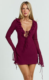 Alesya Mini Dress - Ruffle Plunge Neck Long Sleeve Tie Detail Dress in Wine