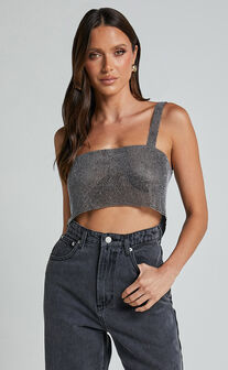 Starry Nights Top - Mesh Cropped Top in Black & Silver