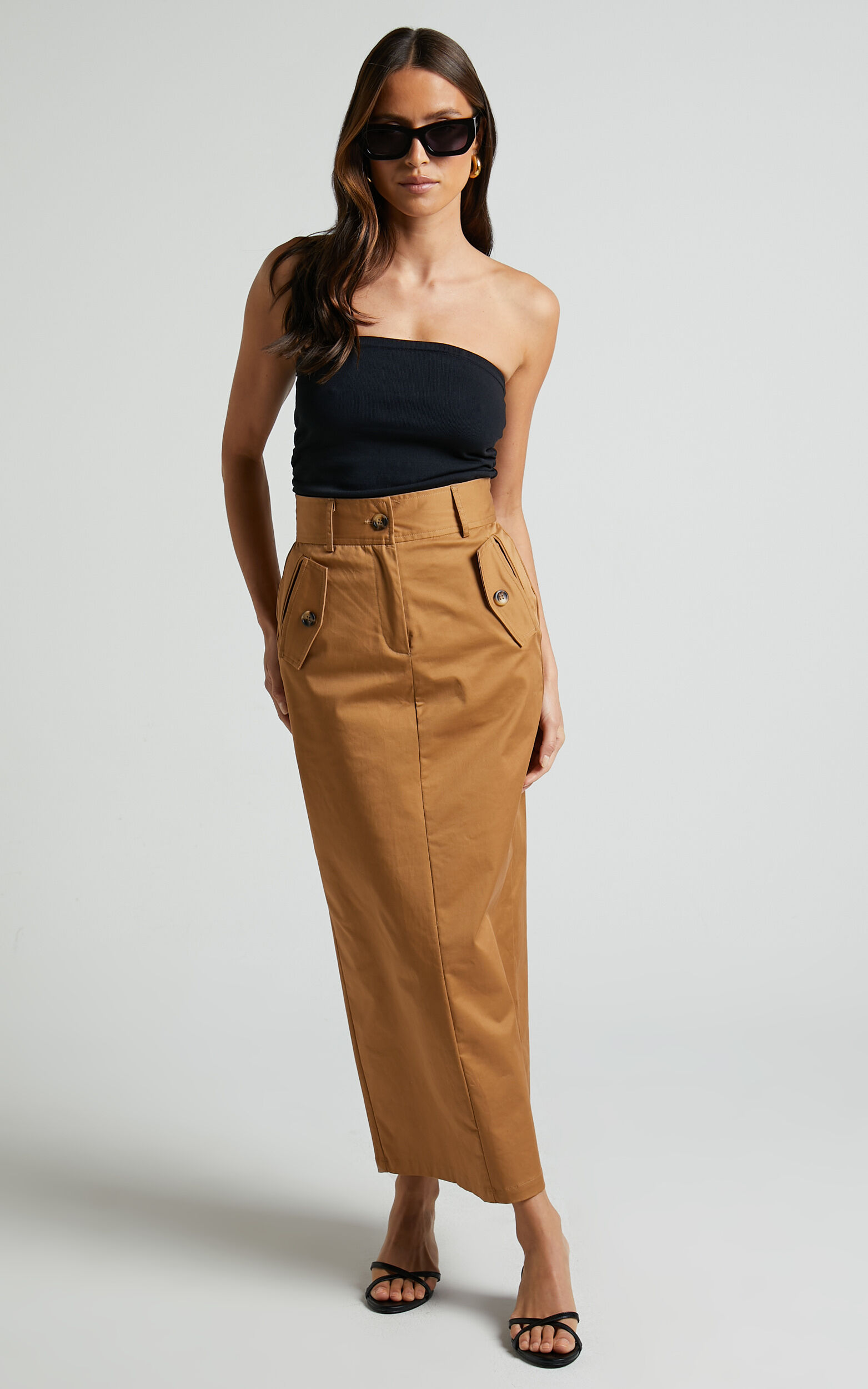 Anna Midi Skirt High Waisted Cargo in Camel