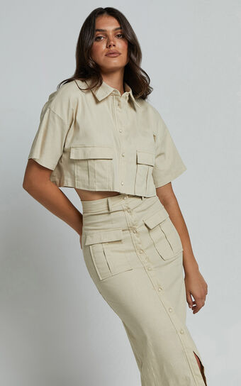 Davina Two Piece Set - Button Front Top and Midi Skirt Set in Sand