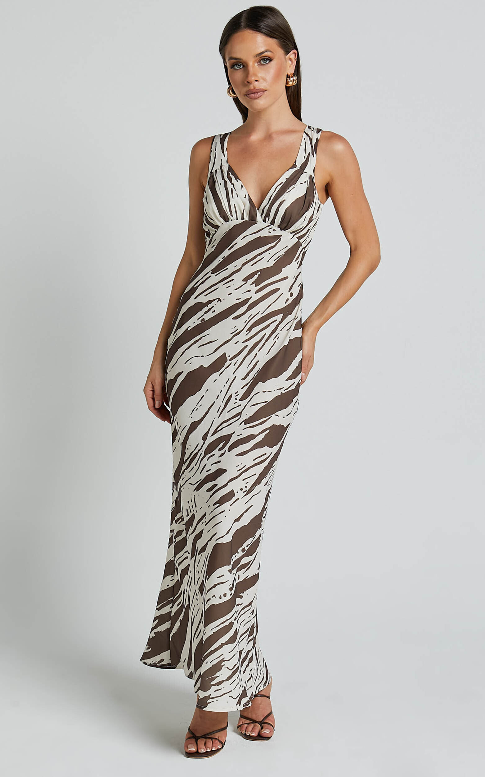 Mauriel Midi Dress - Deep V Gathered Bust Slip Dress in Beige and Chocolate - 06, NEU4