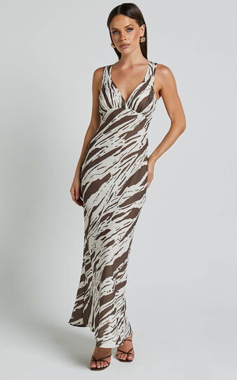 Mauriel Midi Dress - Deep V Gathered Bust Slip Dress in Beige and Chocolate