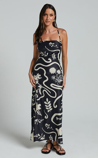 Runaway The Label - Leo Long Midi Slip Dress in Black/Sand