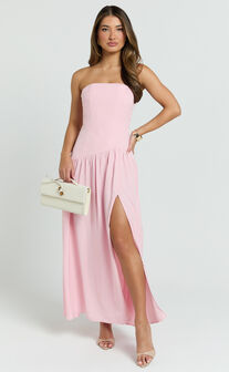 Nadiane Maxi Dress - Strapless Asymmetric Drop Waist Dress in Pink
