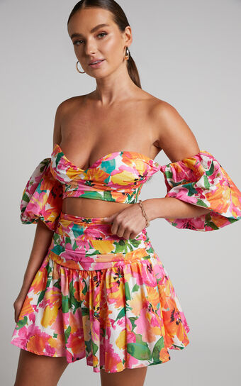 Shairah Two Piece Set - Off The Shoulder Puff Sleeve Crop Top and Drop Waist Mini Skirt in Bloom