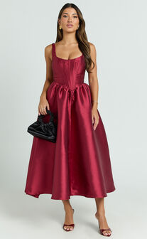 Courtney Midi Dress - Corset Panel Low Back Dress in Wine