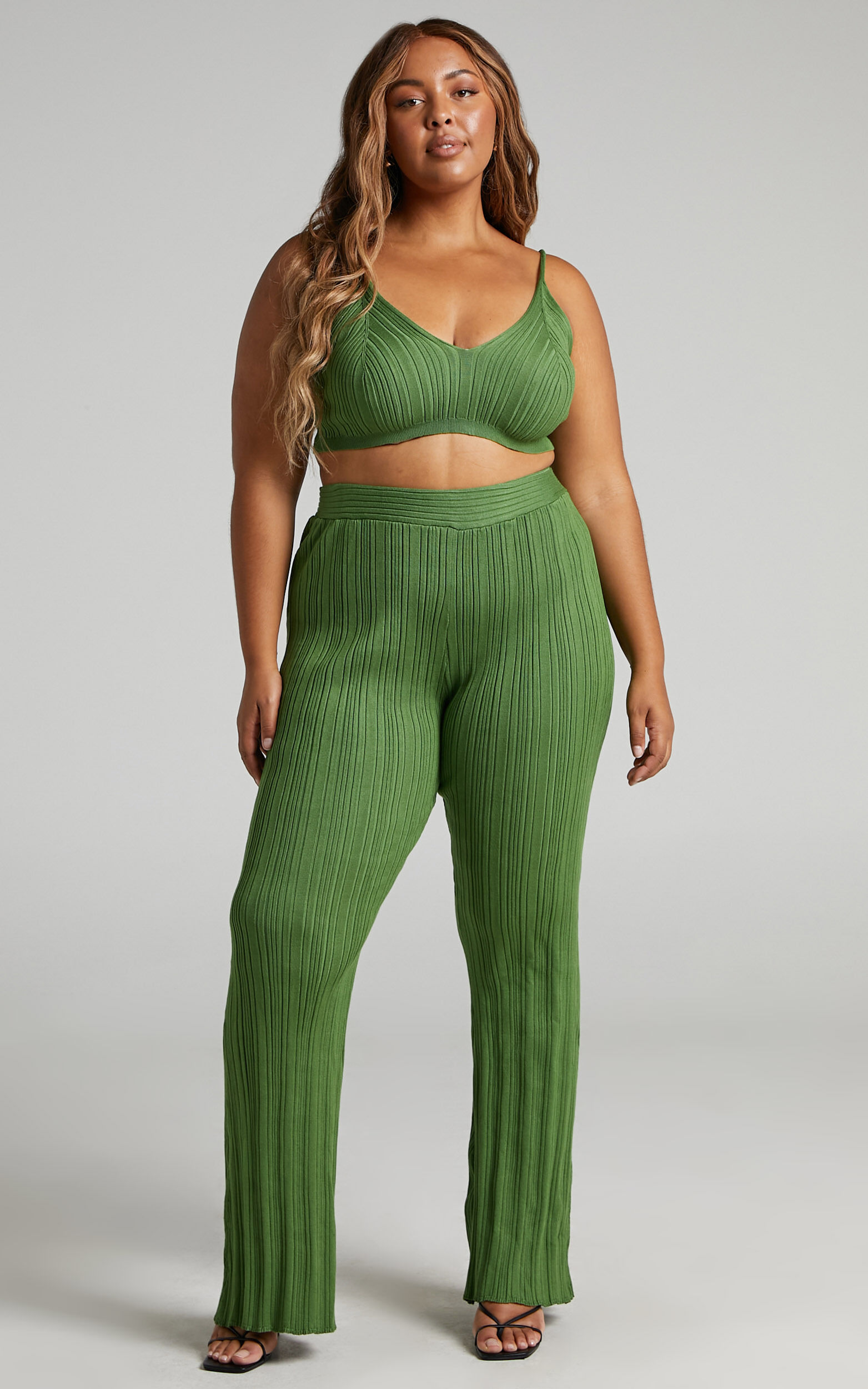 Farhana Two Piece Set Knit Bralette Top and Bell Bottom Pants Set in Olive Showpo