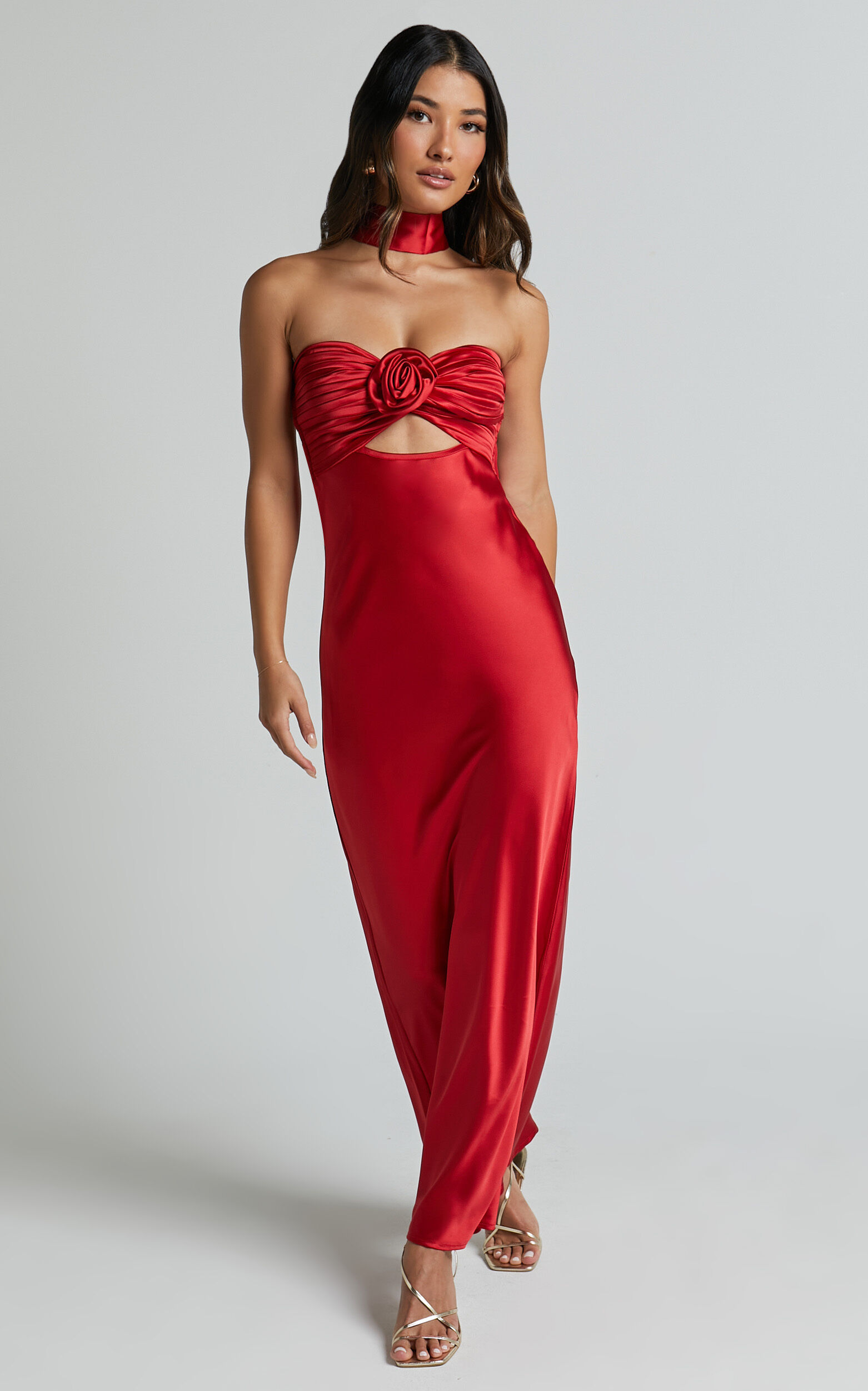 Cady Maxi Dress Ruched Bust Rosette Detail Satin Dress in Red