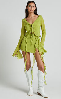 Diana Two Piece Set - Ruffle Long Sleeve Top And Mni Skirt in Lime