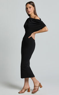 Nalfie Midi Dress - Tipped Shoulder Jersey Drape Dress in Black