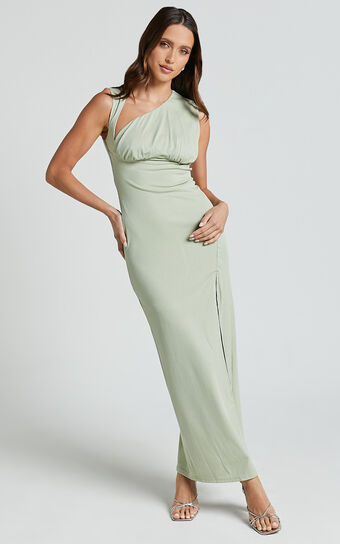 Andy Midi Dress - Asymmetrical Cap Sleeve High Slit Slip Dress in Sage