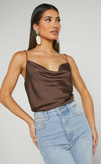 Cardi Top - Cowl Neck Thin Strap Satin Cami Top in Chocolate