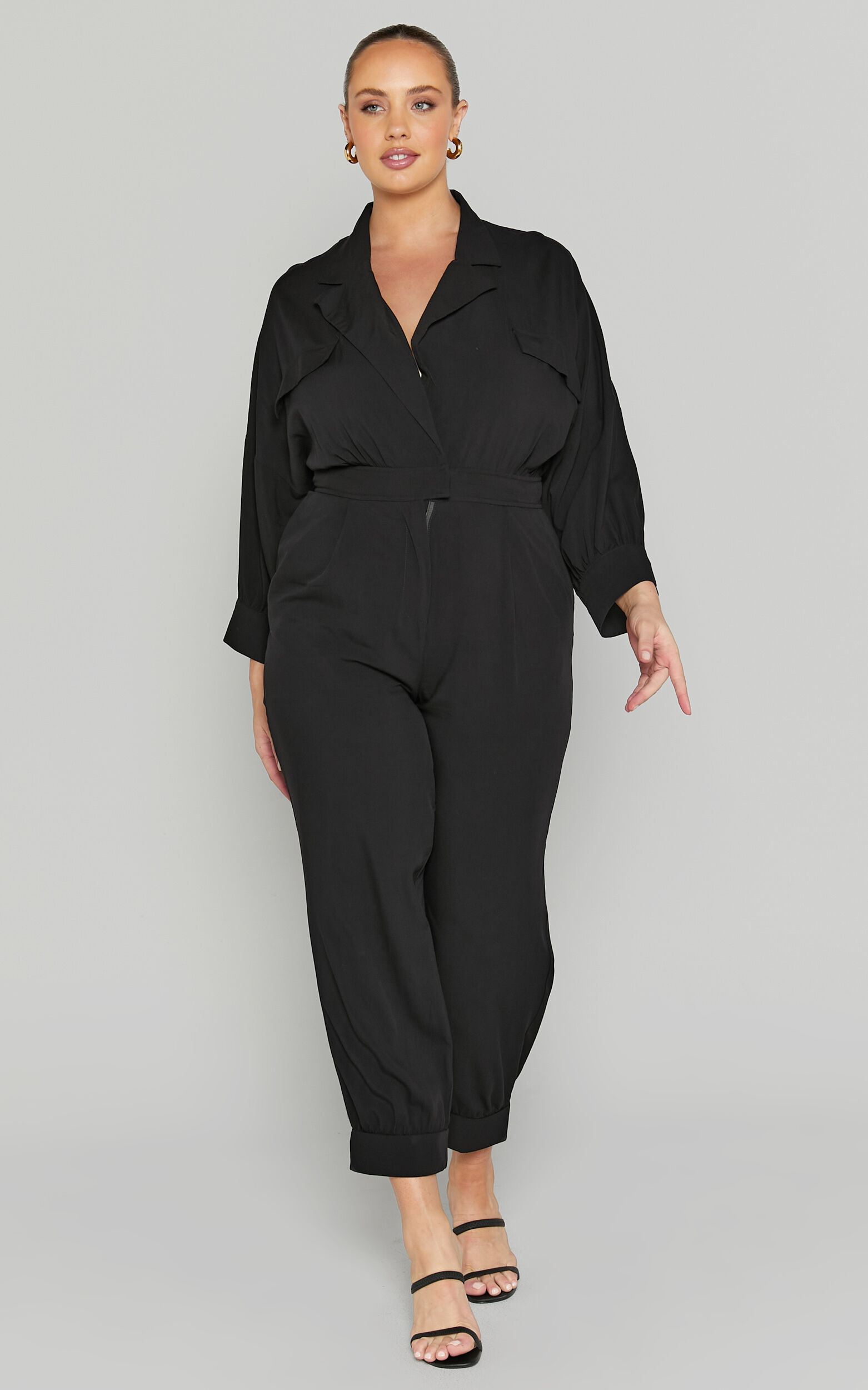Ayelin Jumpsuit Linen Look Relaxed 3 4 Sleeve Jumpsuit in Black