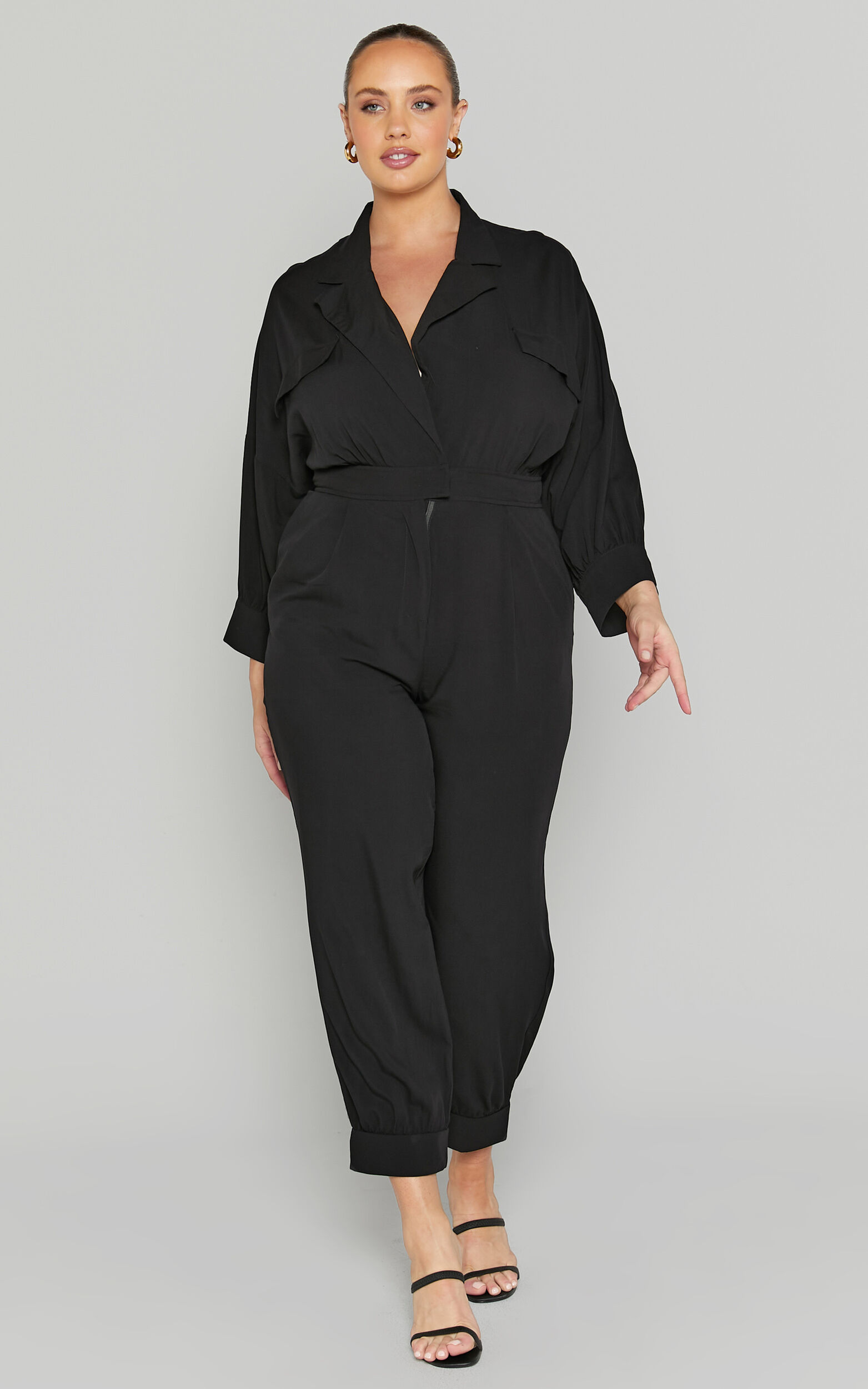 Ayelin Jumpsuit - Linen Look Relaxed 3/4 Sleeve Jumpsuit in Black