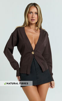 Makayla Cardigan - Long Sleeve Deep V Hardware Button Cardigan in Chocolate