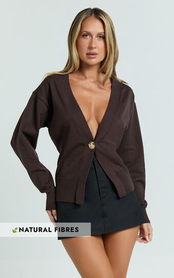 Makayla Cardigan - Long Sleeve Deep V Hardware Button Cardigan in Chocolate