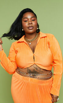 Amarante Blouse - Plisse Button Up Blouse in Orange