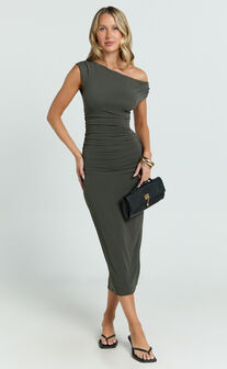 Jiean Midi Dress - Short Sleeve Tipped Neckline Dress in Moss