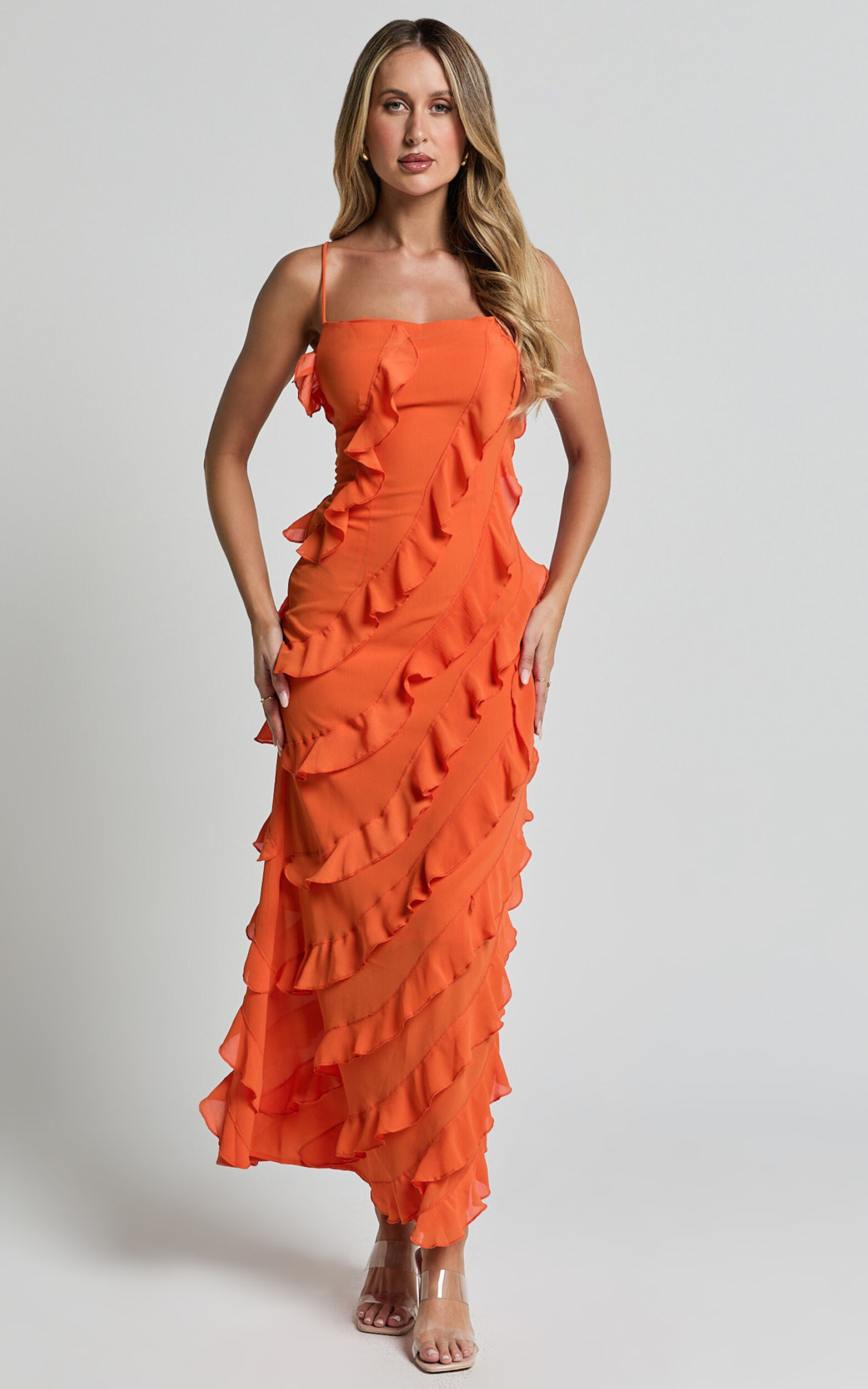 Arnie Midi Dress - Strapless Ruffle Detail Slip Dress in Orange - 06, ORG1
