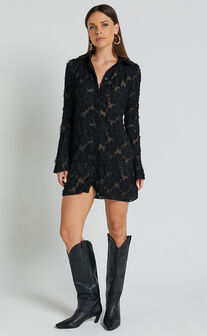 Ava Mini Dress - Long Sleeve Fitted Clipped Jacquard Dress in Black