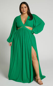 Paige Maxi Dress - Side Cut Out Balloon Sleeve Dress in Green