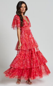 Leianna Midi Dress - Tulle Flutter Sleeve Tiered Ruffle Dress in Sunset Floral