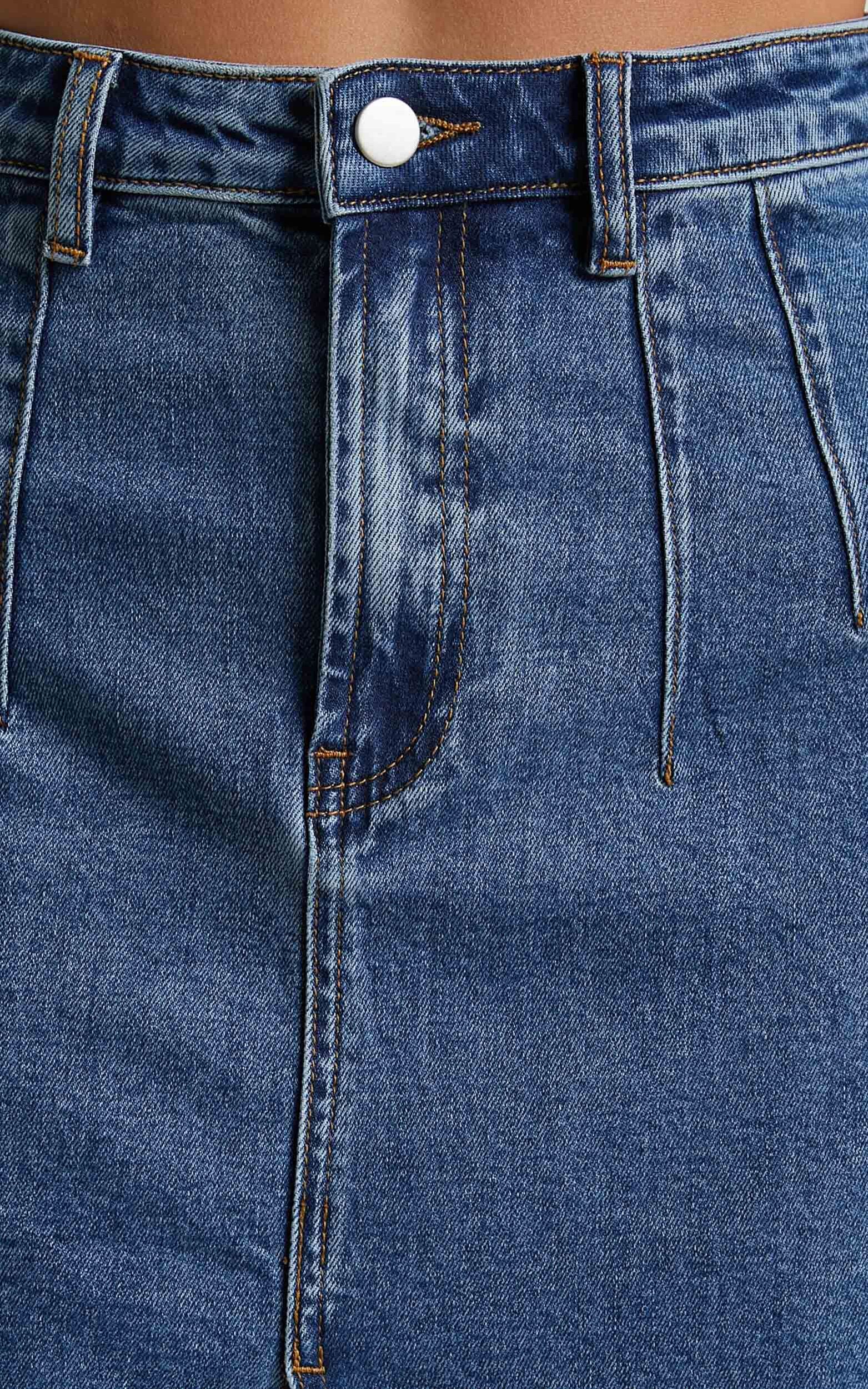 Janeve Midi Skirt - Front Split Denim Skirt in Dark Blue | Showpo